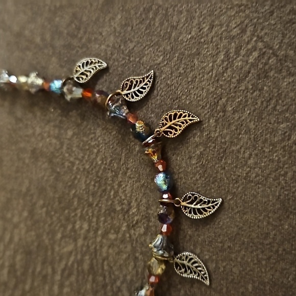 Handmade Etched Czech Glass Red Swarovski Crystal Beaded Leaf Holiday Necklace - Picture 7 of 9